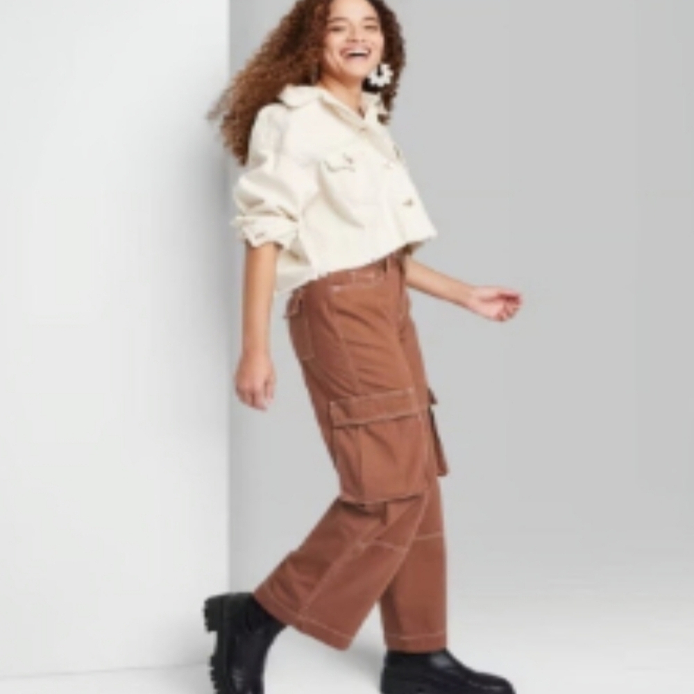 Wild Fable Mid-Rise Cargo Baggy Wide Leg Utility Jeans Brown Women's 2